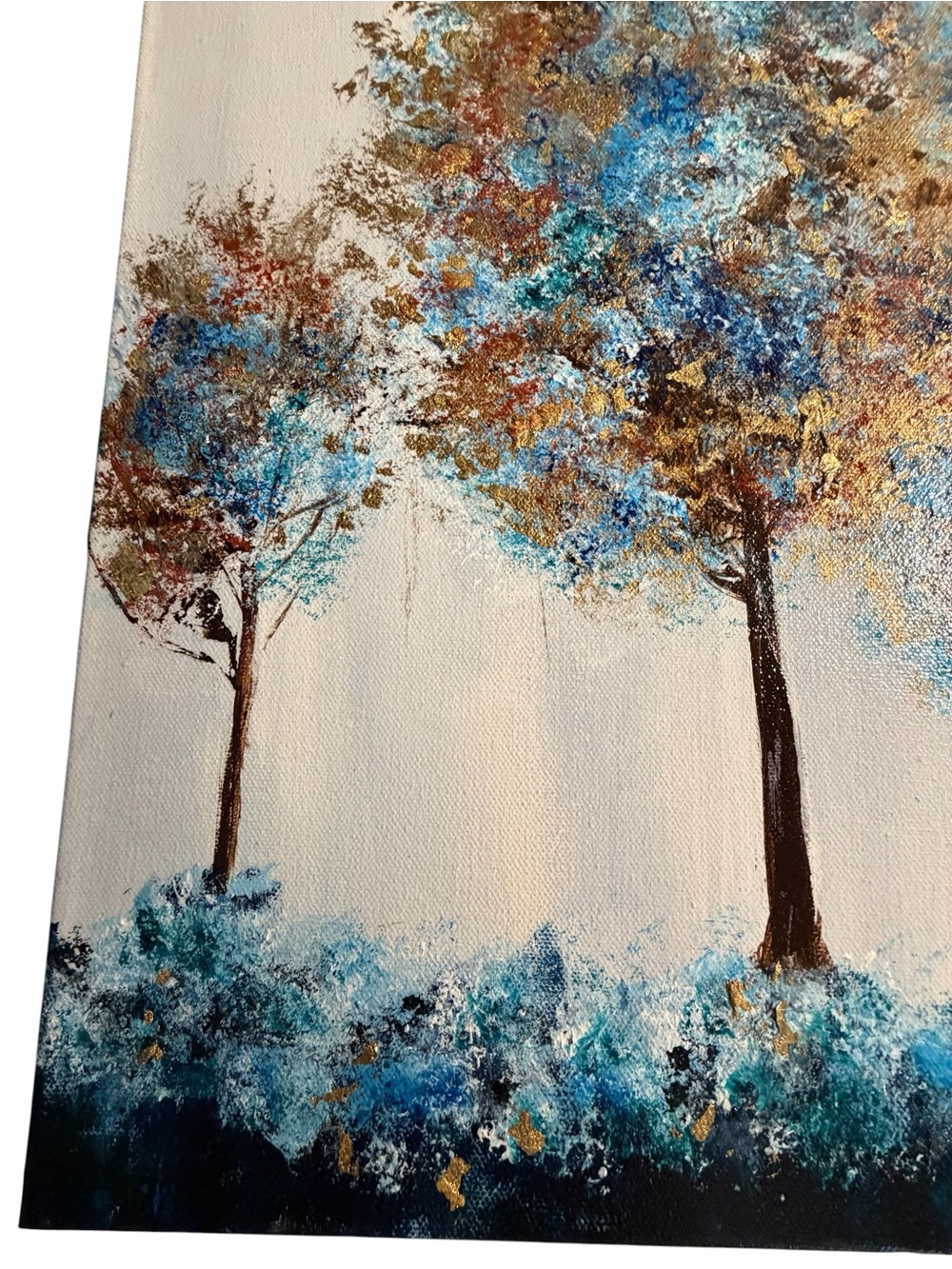 New Original Acrylic Canvas Art Trees in Blue and Gold 12" x 16" - Picture 4 of 14